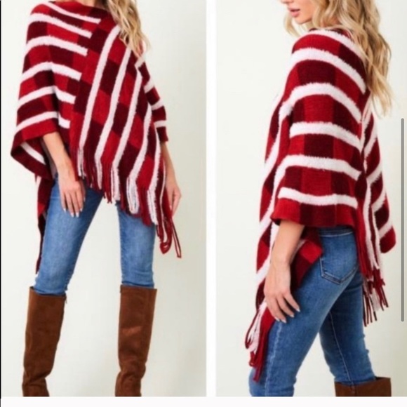 Private Label Sweaters - FLASH $!!!Red & white Diagonal Striped Fringed Poncho